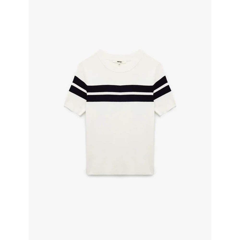 Kadın Giyim Viskon Kumaş Kısa Kollu Bisiklet Yaka Triko Sweatshirt - KOTON - 6WAK90118HT - LACİVERT ÇİZGİLİ - M