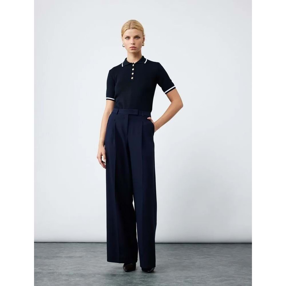 Kadın Giyim Düğmeli Kısa Kollu Polo Yaka Triko Kazak - KOTON - 6WAK90247HT - LACİVERT - S