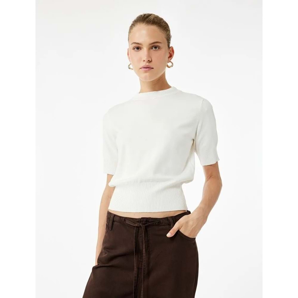Kadın Giyim Regular Fit Hafif Dik Yaka Kısa Kollu Triko Kazak - KOTON - 6WAK90270HT - EKRU - XL