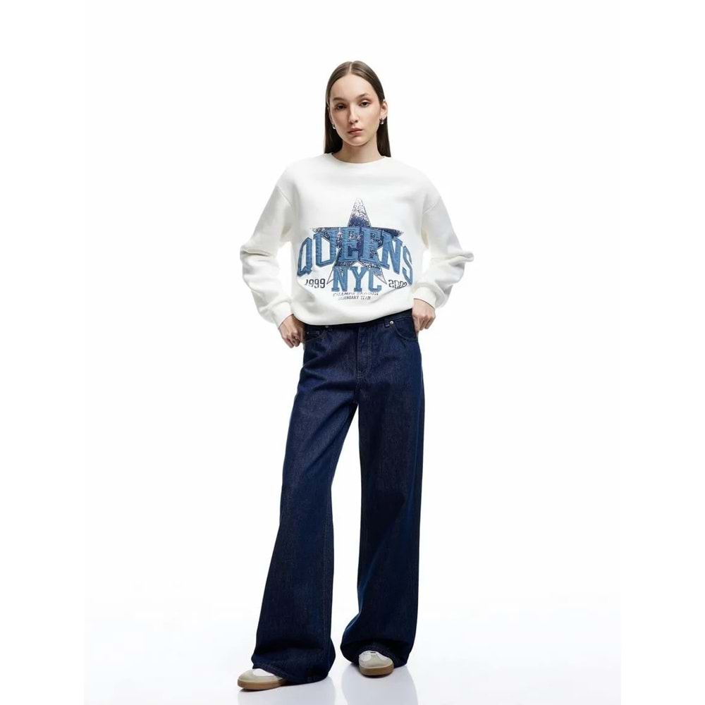 Kadın Giyim Uzun Kollu Bisiklet Yaka Üç İplik Şardonlu Baskılı Oversize Sweatshirt - KOTON - 6WAL10127IK - EKRU - M