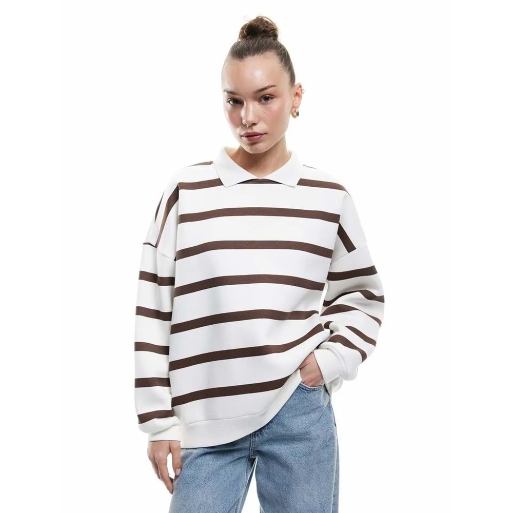 Kadın Giyim Şardonlu Polo Yaka Çizgili Oversize Sweatshirt - KOTON - 6WAL10230IK - KAHVERENGİ ÇİZGİLİ - S