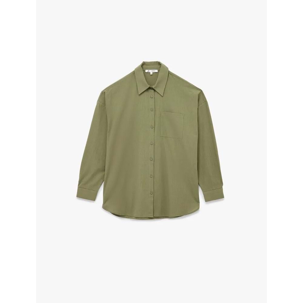 Kadın Giyim Pamuklu Klasik Yaka Düğmeli Uzun Kollu Oversize Gömlek - KOTON - 6WAL60011IW - HAKİ - 36
