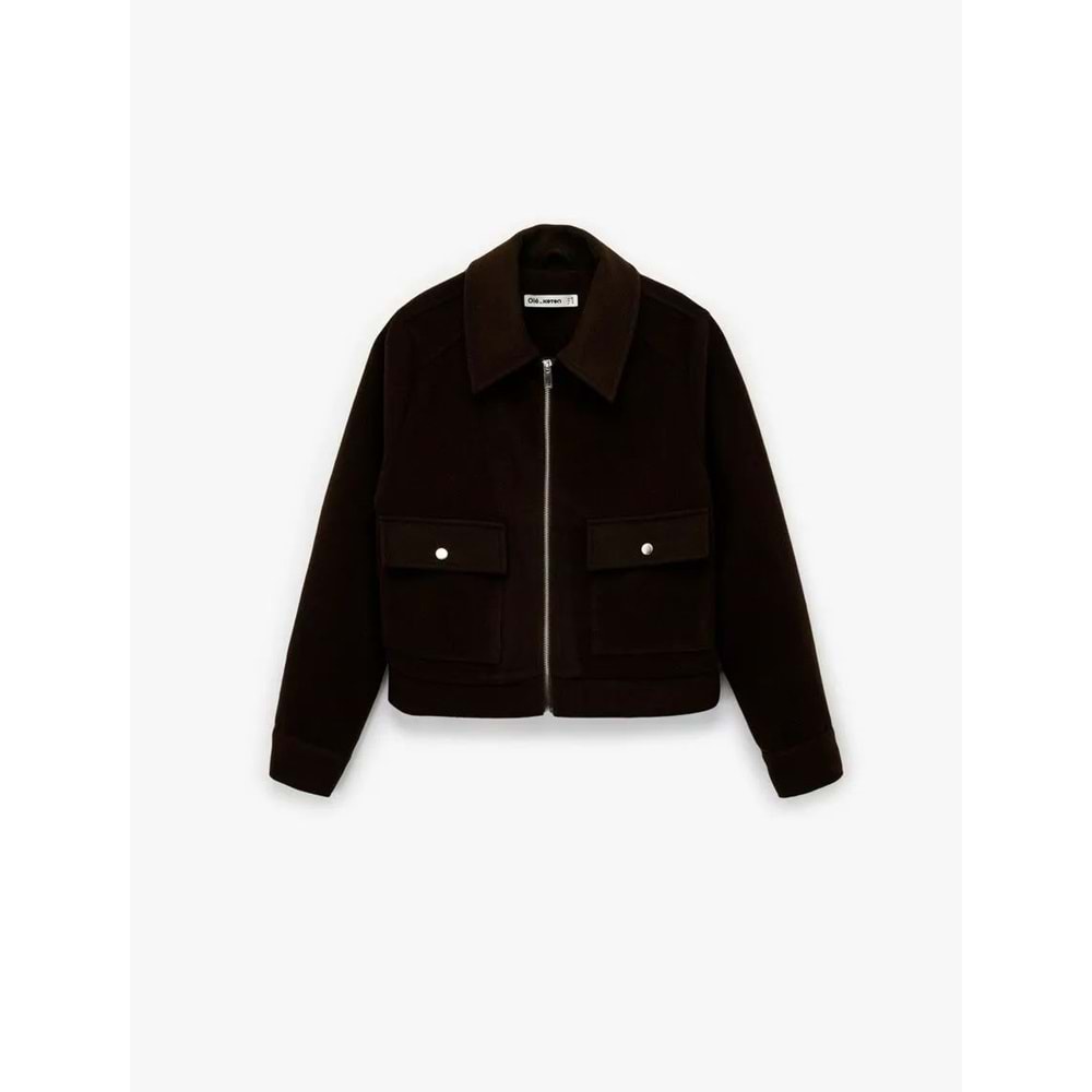 Kadın Giyim Uzun Kollu Klasik Yaka Cep Detaylı Oversize Fermuarlı Ceket - KOTON - 6WAL60068IW - KAHVERENGİ - 40