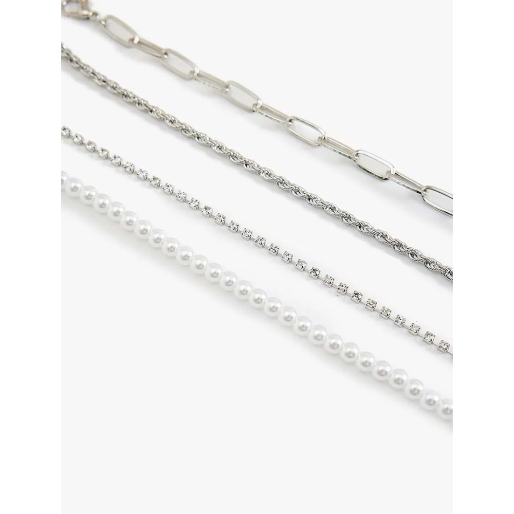 Kadın Aksesuar Taşlı İnci Detaylı 4'lü Zincir Bileklik Seti