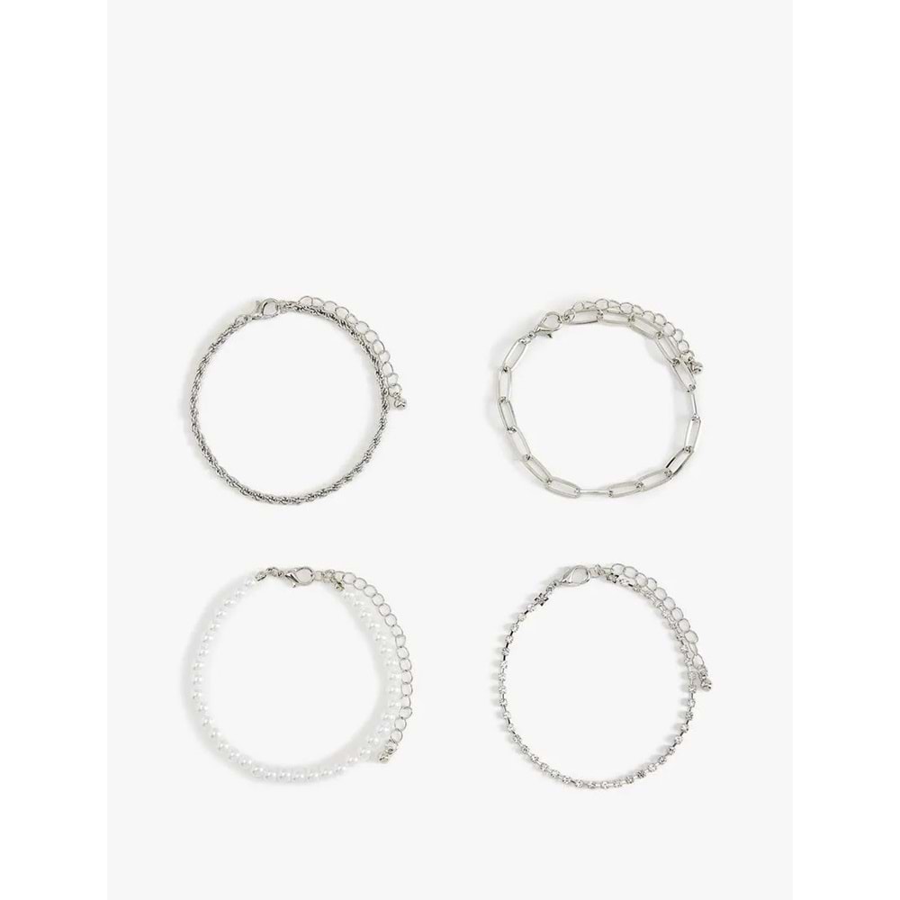 Kadın Aksesuar Taşlı İnci Detaylı 4'lü Zincir Bileklik Seti