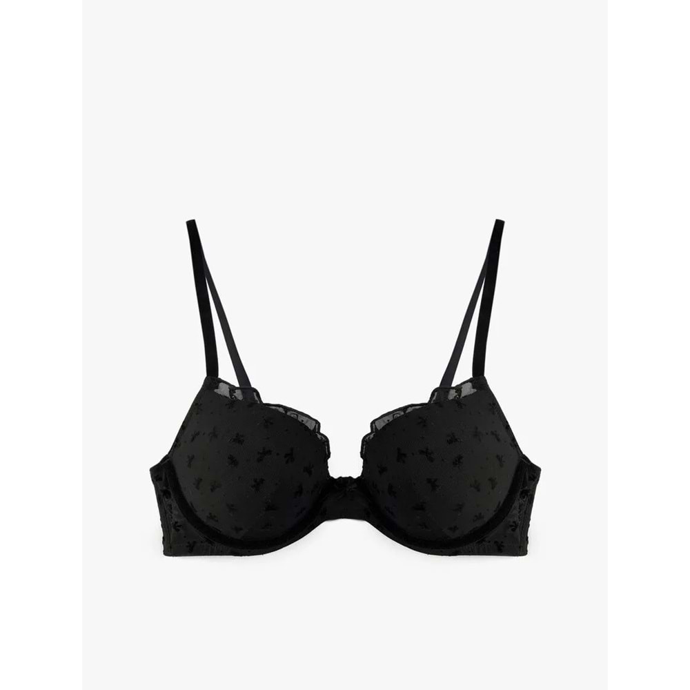 Kadın İç Giyim Fırfır Detaylı Fiyonk Desenli Destekli Ekstra Dolgulu Sütyen - KOTON - 6WLK10028MK - SİYAH - 80B