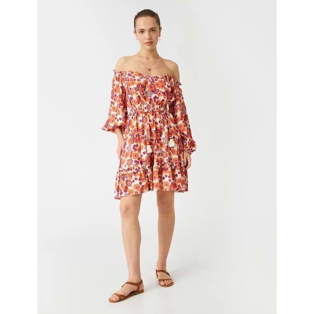 Kadın Giyim Elbise Omzu Açık Mini Gipe Detaylı 2SAK80268EW Turuncu Desen