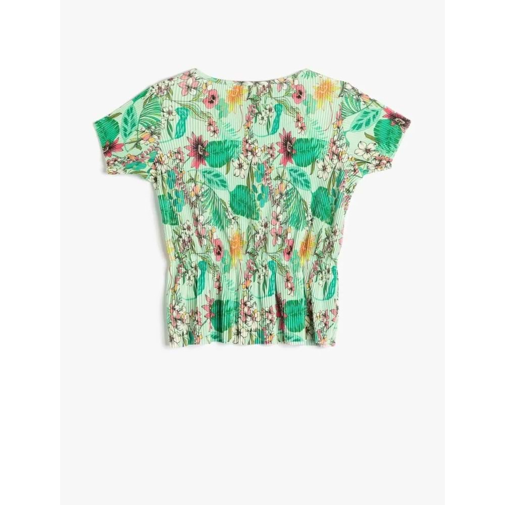 Kız Çocuk Çiçekli Tişört Beli Bağlamalı Kısa Kollu Yuvarlak Yaka Pilili - KOTON - 3SKG10122AK - YEŞİL DESENLİ - 6-7 YAŞ