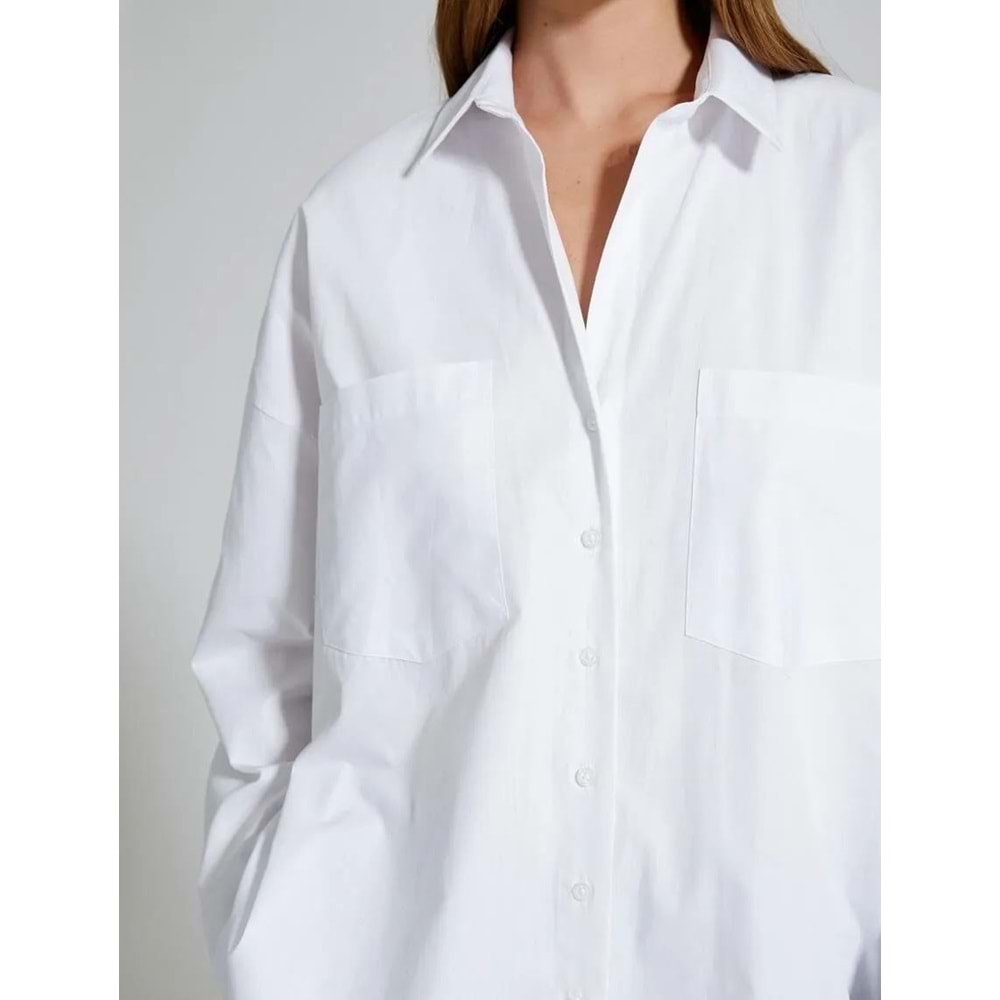 Oversize Gömlek Uzun Kollu Çift Cepli Düğmeli Pamuklu - KOTON - 4WAL60064IW - BEYAZ - 36