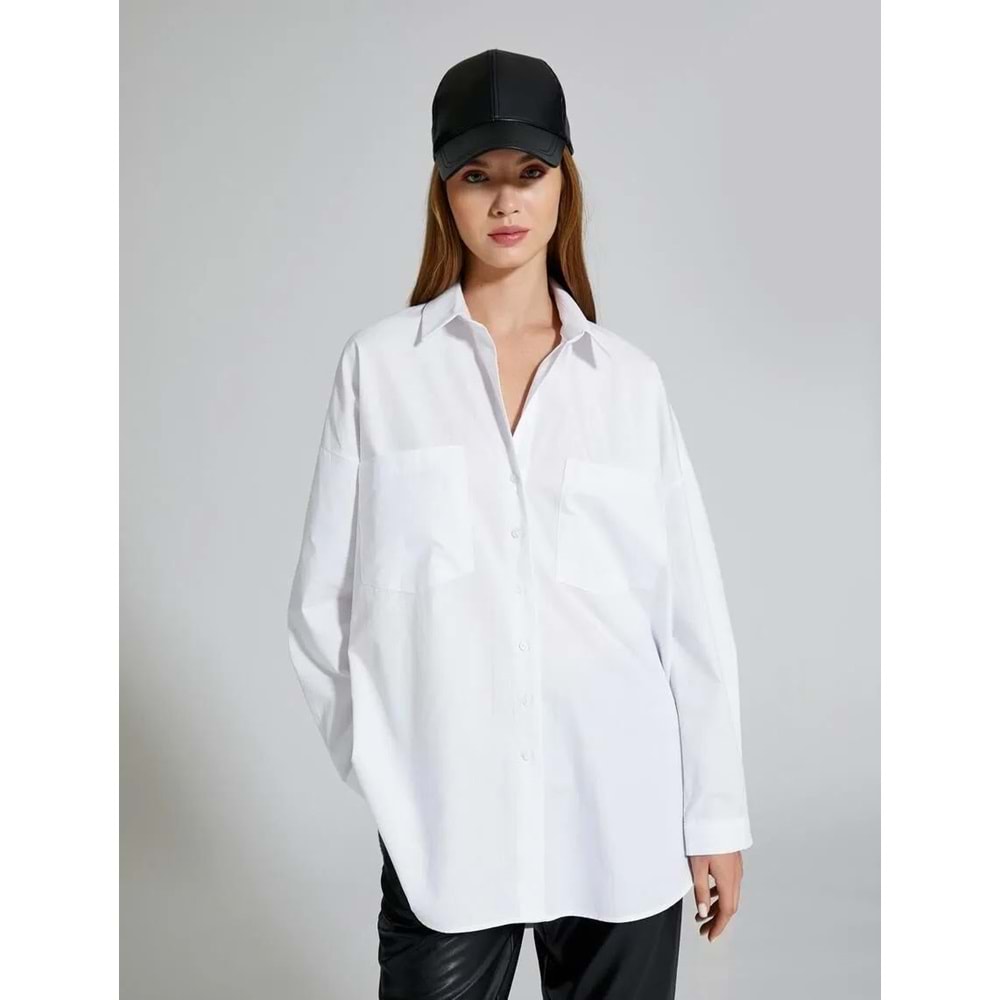 Oversize Gömlek Uzun Kollu Çift Cepli Düğmeli Pamuklu - KOTON - 4WAL60064IW - BEYAZ - 36