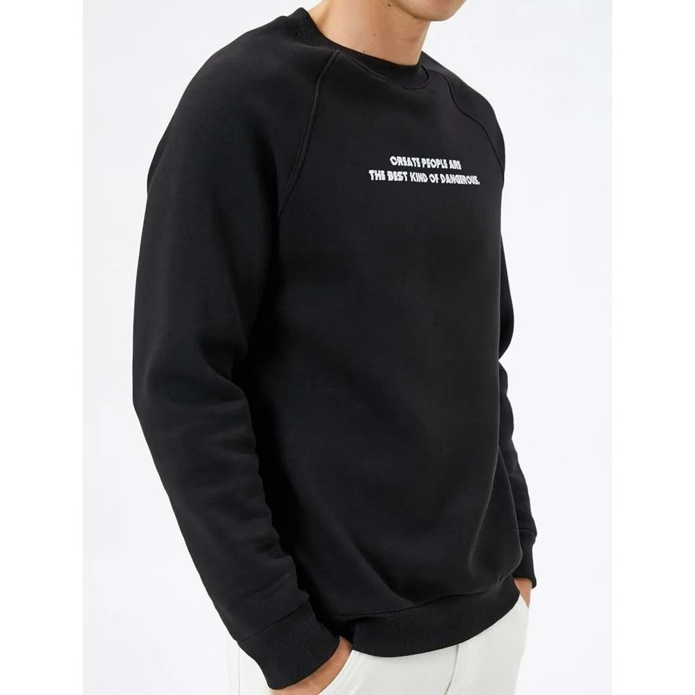 Slogan Baskılı Sweatshirt Reglan Kol Bisiklet Yaka Ribanalı 4WAM70052MK