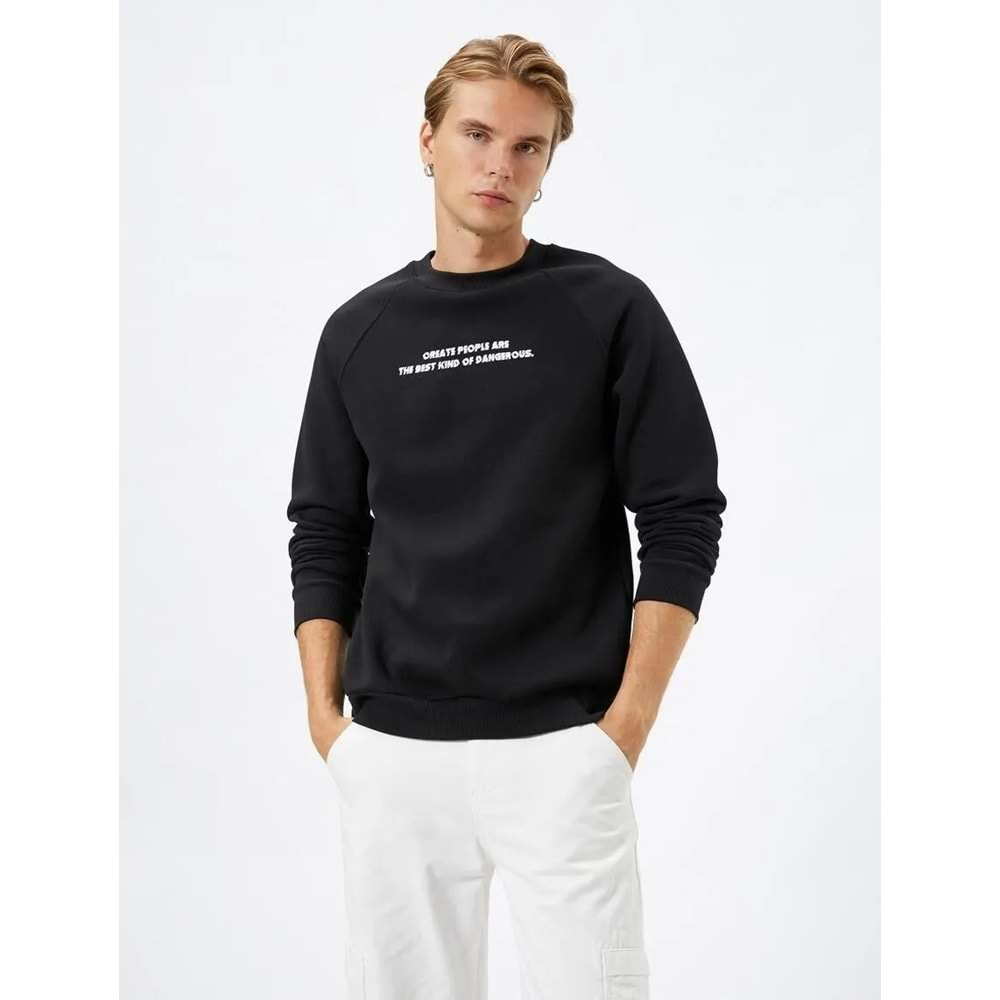 Slogan Baskılı Sweatshirt Reglan Kol Bisiklet Yaka Ribanalı 4WAM70052MK