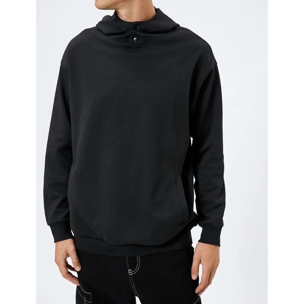 Kapşonlu Sweat Çıtçıt Düğmeli Cep Detaylı Yüksek Yaka Ribanalı - KOTON - 4WAM70047MK - SİYAH - XXL