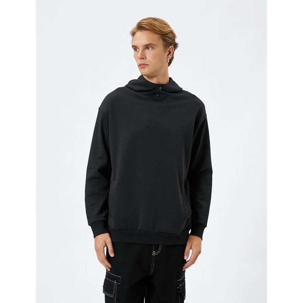 Kapşonlu Sweat Çıtçıt Düğmeli Cep Detaylı Yüksek Yaka Ribanalı - KOTON - 4WAM70047MK - SİYAH - XXL