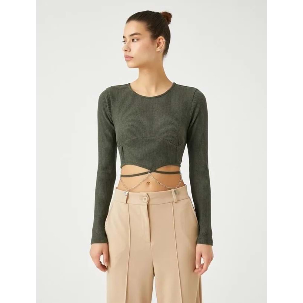 Crop Tişört Uzun Kollu Zincir Kelebek Detaylı Bisiklet Yaka - KOTON - 4WAL10139IK - HAKİ - XL