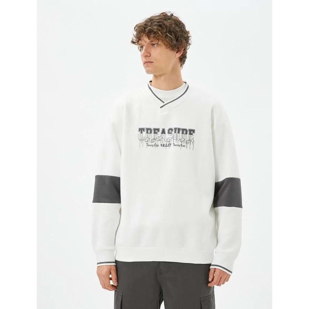 Slogan İşlemeli Sweatshirt Bisiklet Yaka Kırçıllı Düşük Omuzlu - KOTON - 4WAM70159MK - EKRU - XXL