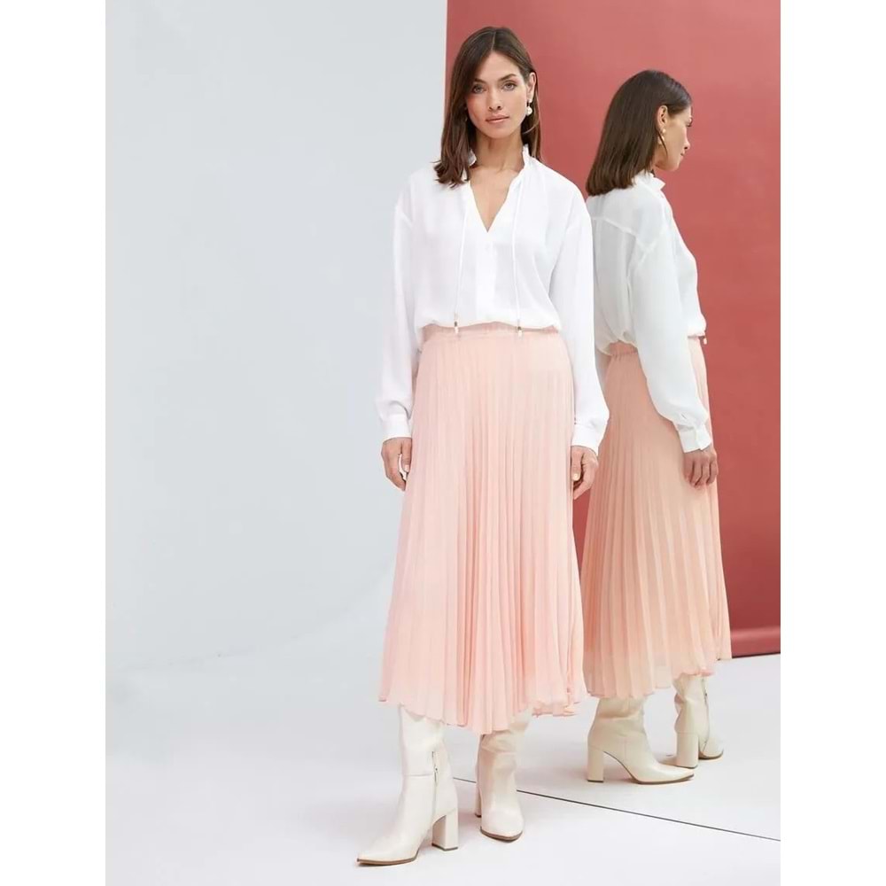 Pileli Midi Etek Şifon Asimetrik Kesim Astarlı - KOTON - 4WAK70151UW - PEMBE - 48