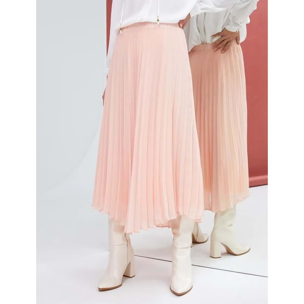 Pileli Midi Etek Şifon Asimetrik Kesim Astarlı - KOTON - 4WAK70151UW - PEMBE - 48