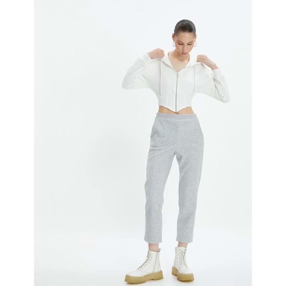 Crop Paça Basic Pantolon Beli Lastikli Cepli - KOTON - 4WAL40020IK - GRİ MELANJ - S