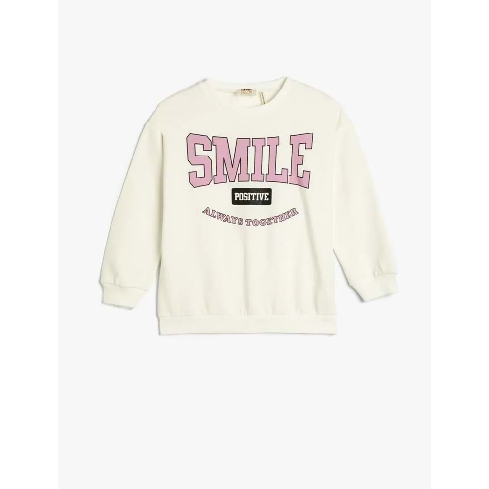 Kız Çocuk Sweatshirt Şardonlu Baskılı Uzun Kollu Bisiklet Yaka Pamuklu - KOTON - 4WKG10203AK - EKRU - 4-5 YAŞ