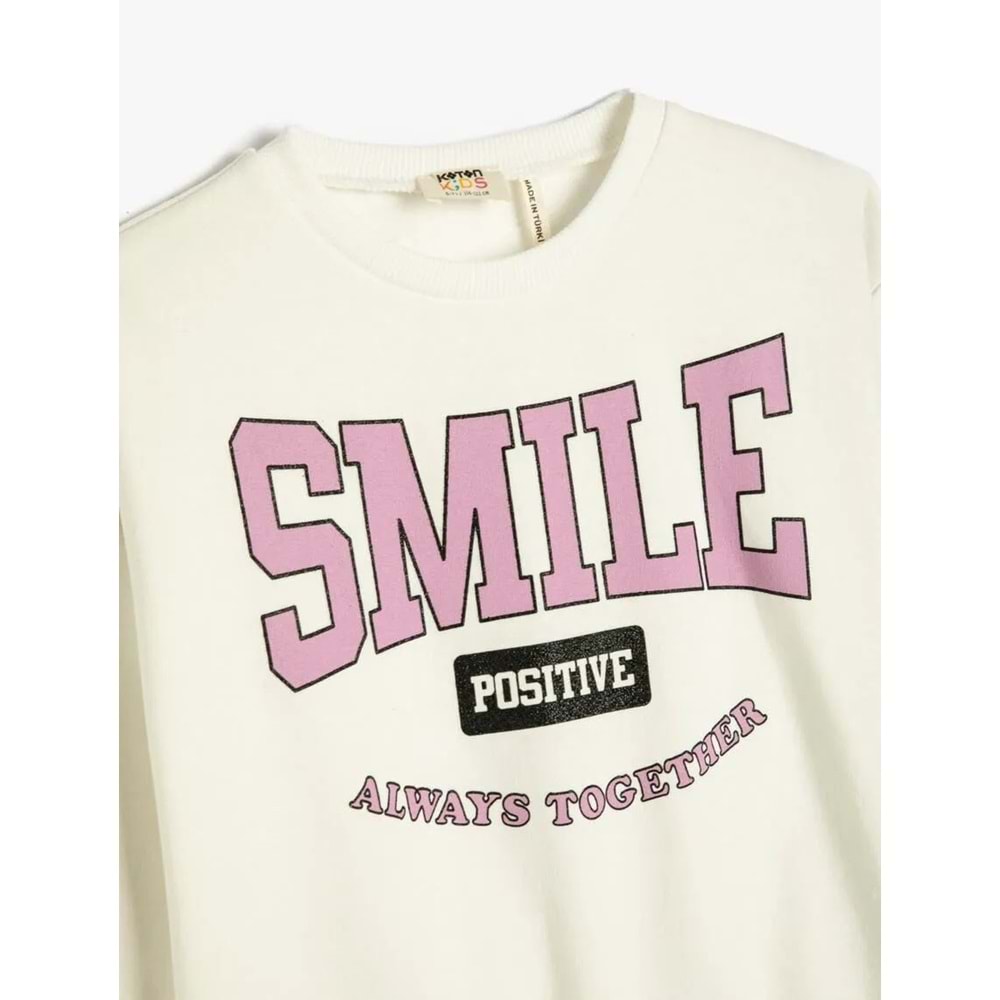 Kız Çocuk Sweatshirt Şardonlu Baskılı Uzun Kollu Bisiklet Yaka Pamuklu - KOTON - 4WKG10203AK - EKRU - 4-5 YAŞ