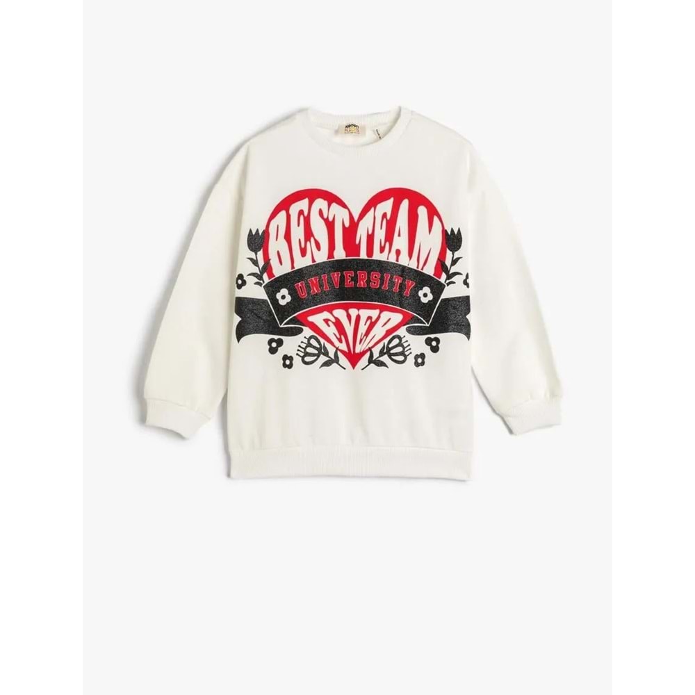 Kız Çocuk Sweatshirt Şardonlu Baskılı Bisiklet Yaka Uzun Kollu - KOTON - 4WKG10207AK - EKRU - 4-5 YAŞ