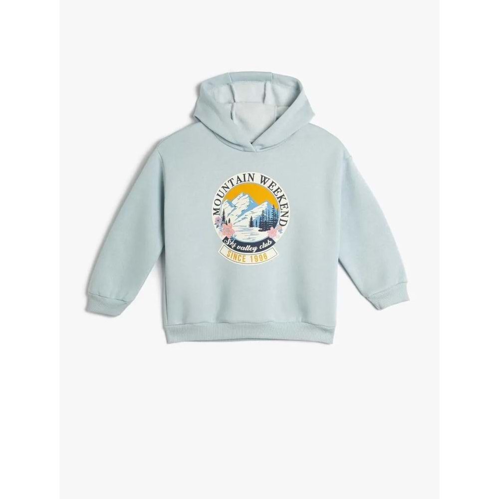 Kız Çocuk Kapşonlu Sweatshirt Baskı Detaylı Uzun Kollu Şardonlu - KOTON - 4WKG10263AK - MAVİ - 4-5 YAŞ