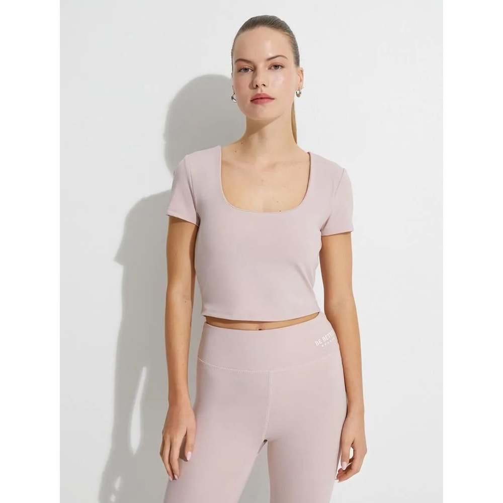 Crop Kısa Kollu Spor Tişört U Yaka Basic Dar Kalıp - KOTON - 4WAK10083NK - PEMBE - L