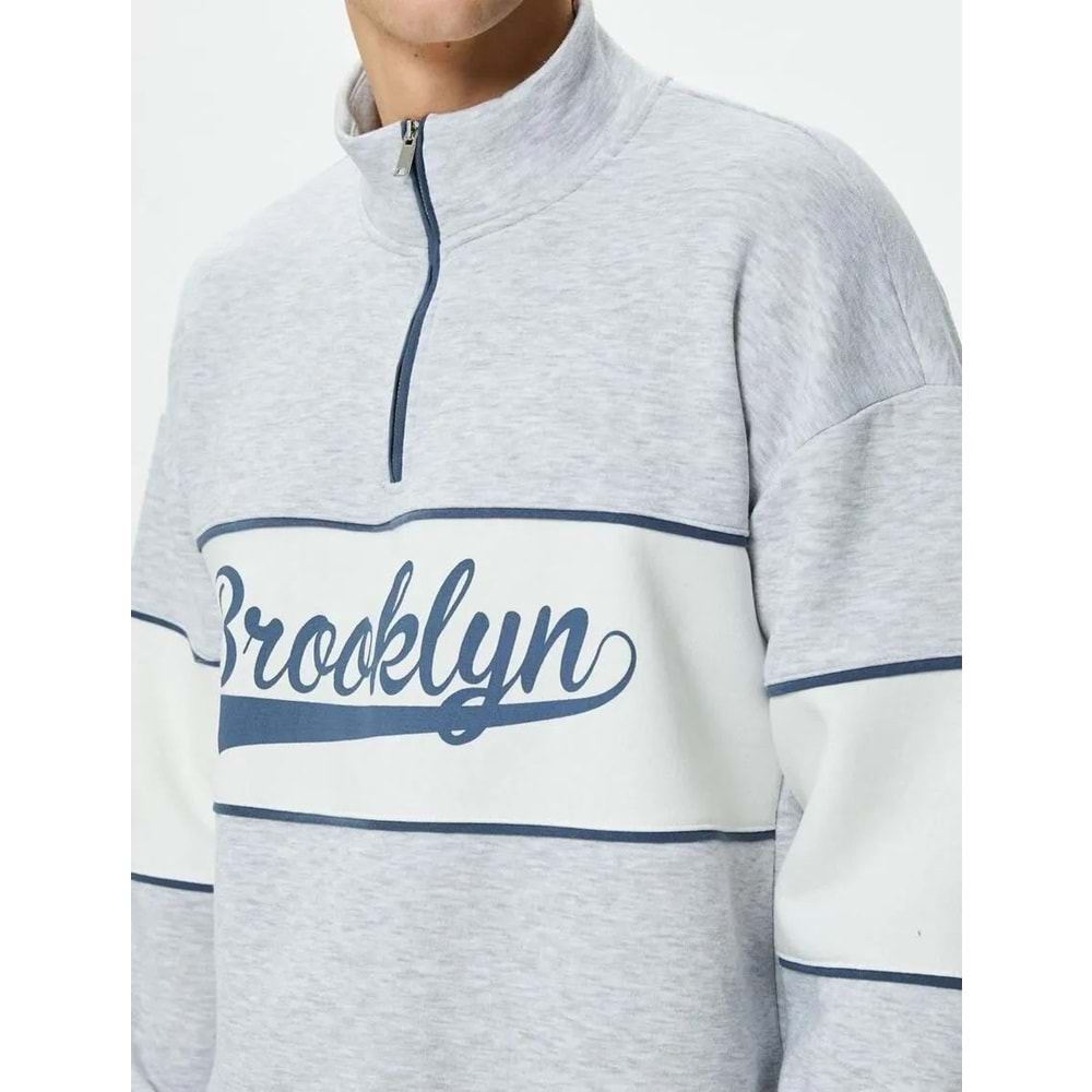 Kolej Sweatshirt Dik Yaka Baskılı Yarım Fermuarlı Uzun Kollu 4WAM70048MK