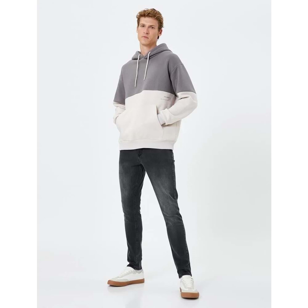 Kapşonlu Sweat Kanguru Cepli Renk Bloklu Ribanalı Pamuklu - KOTON - 4WAM70045MK - ANTRASİT - S