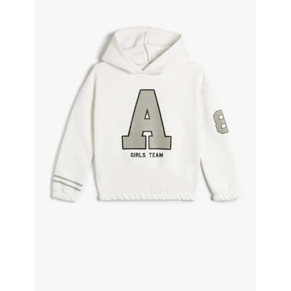 Kız Çocuk Kapşonlu Sweatshirt Sim Baskı Detaylı Uzun Kollu Şardonlu - KOTON - 4WKG10232AK - EKRU - 11-12 YAŞ
