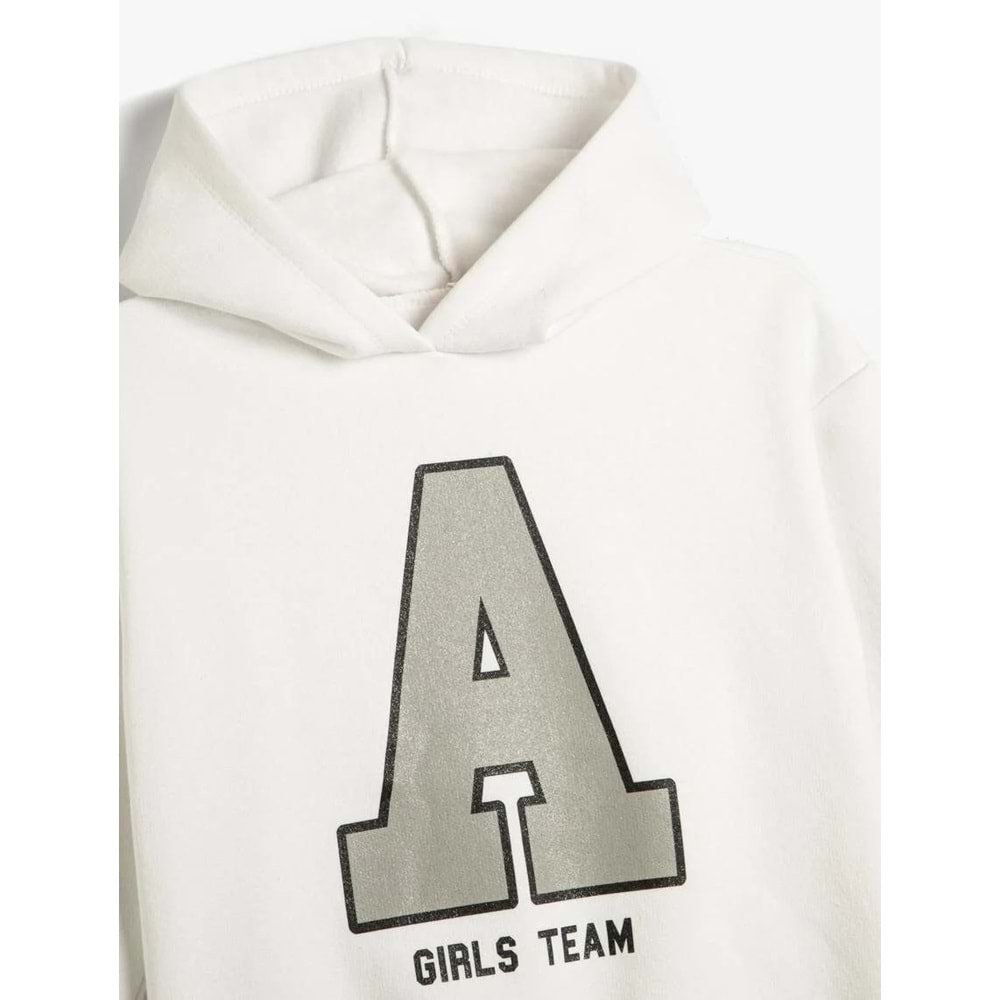 Kız Çocuk Kapşonlu Sweatshirt Sim Baskı Detaylı Uzun Kollu Şardonlu - KOTON - 4WKG10232AK - EKRU - 11-12 YAŞ