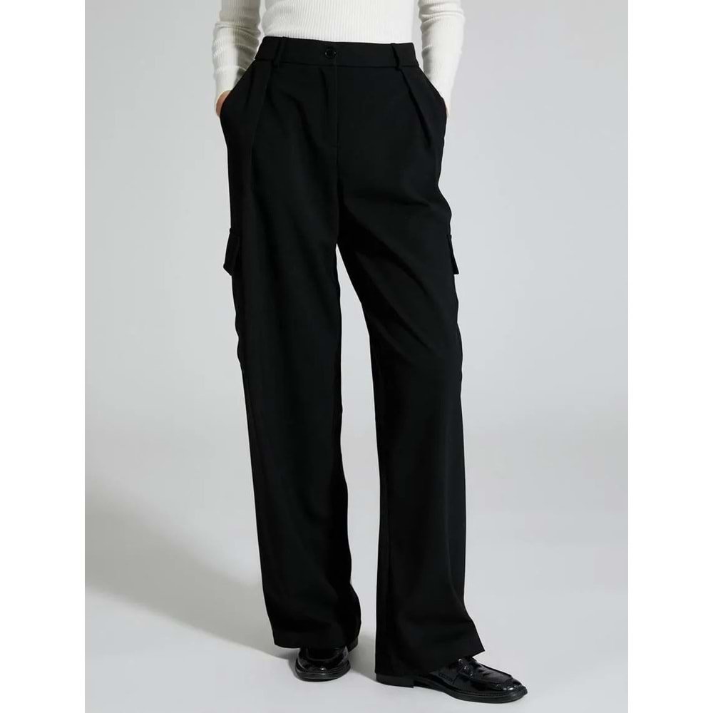 Palazzo Pantolon Kumaş Pile Detaylı Yüksek Bel - KOTON - 4WAK40063PW - SİYAH - 40