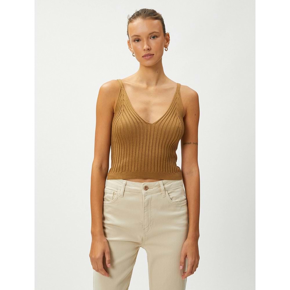 Crop Triko Atlet Askılı V Yaka - KOTON - 4WAK30004HT - DEVE TÜYÜ - XL