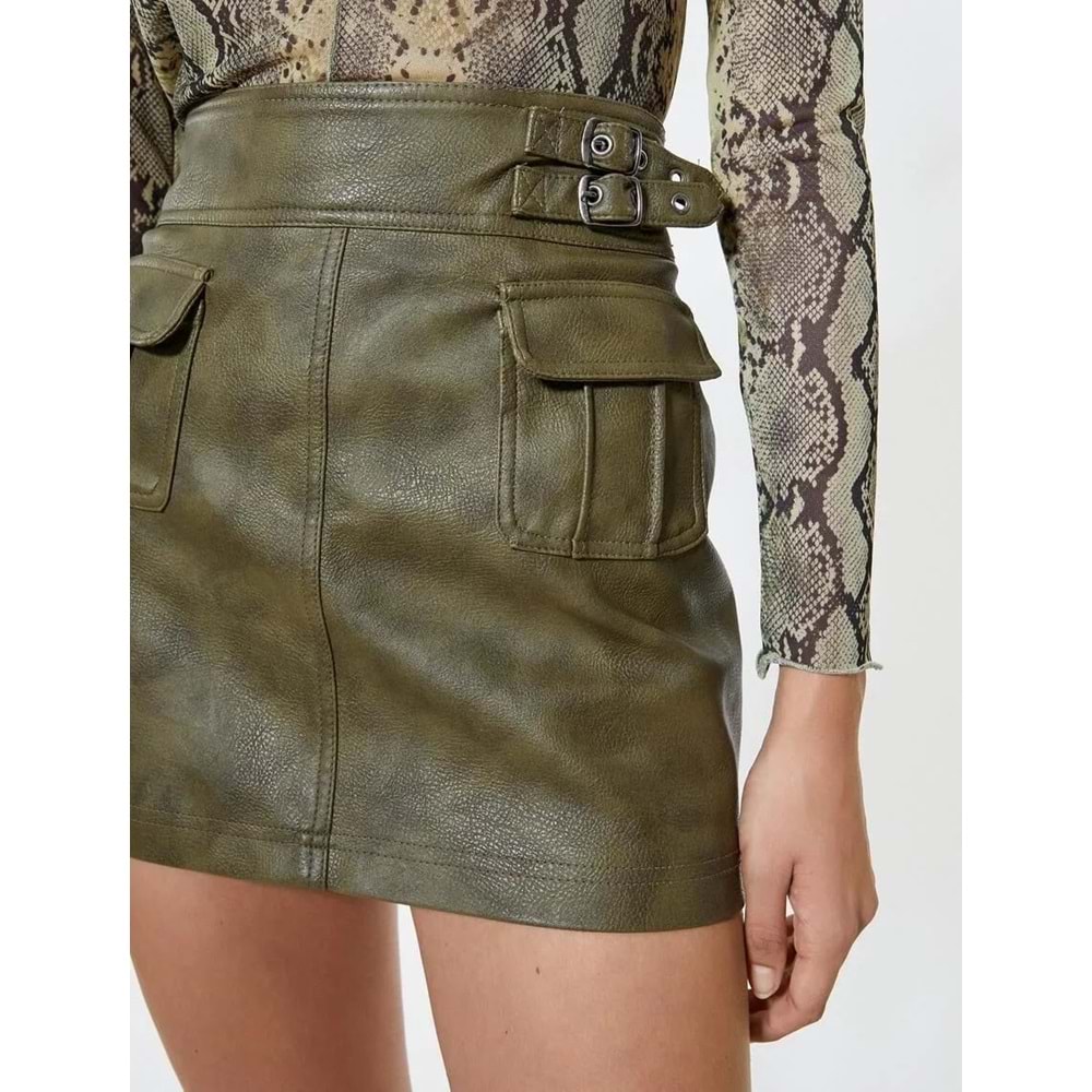 Deri Görünümlü Etek Mini Kemer Detaylı Kargo Cepli - KOTON - 4WAK70022EW - HAKİ - 42