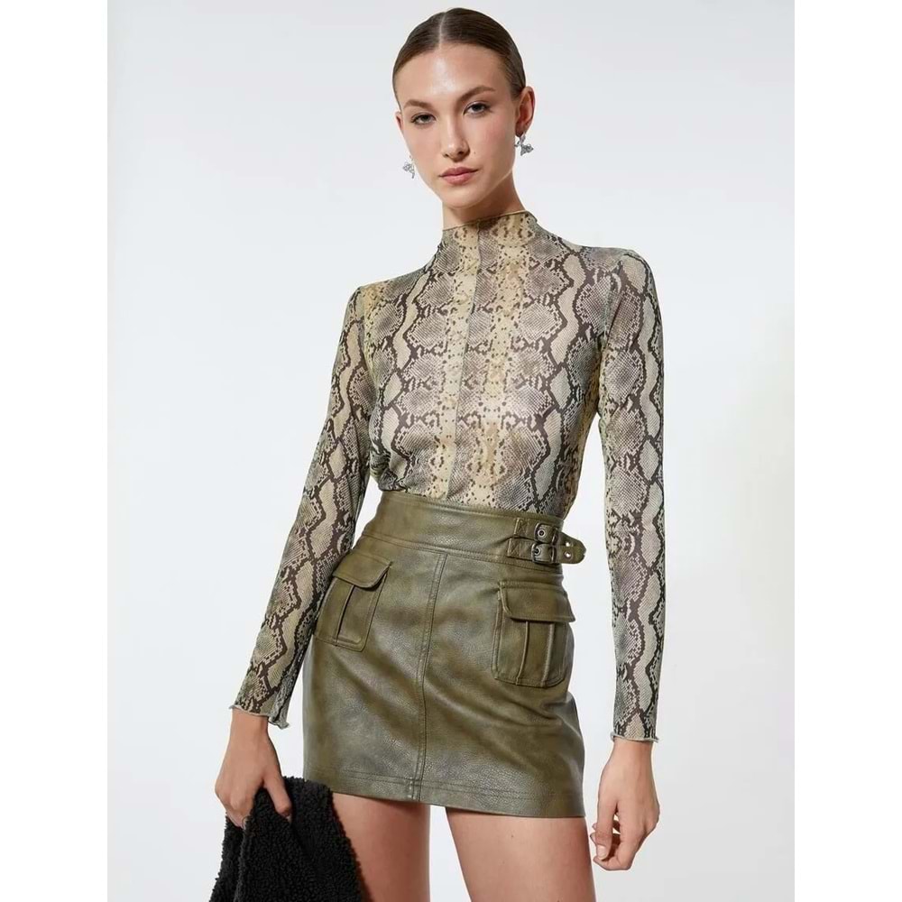 Deri Görünümlü Etek Mini Kemer Detaylı Kargo Cepli - KOTON - 4WAK70022EW - HAKİ - 42