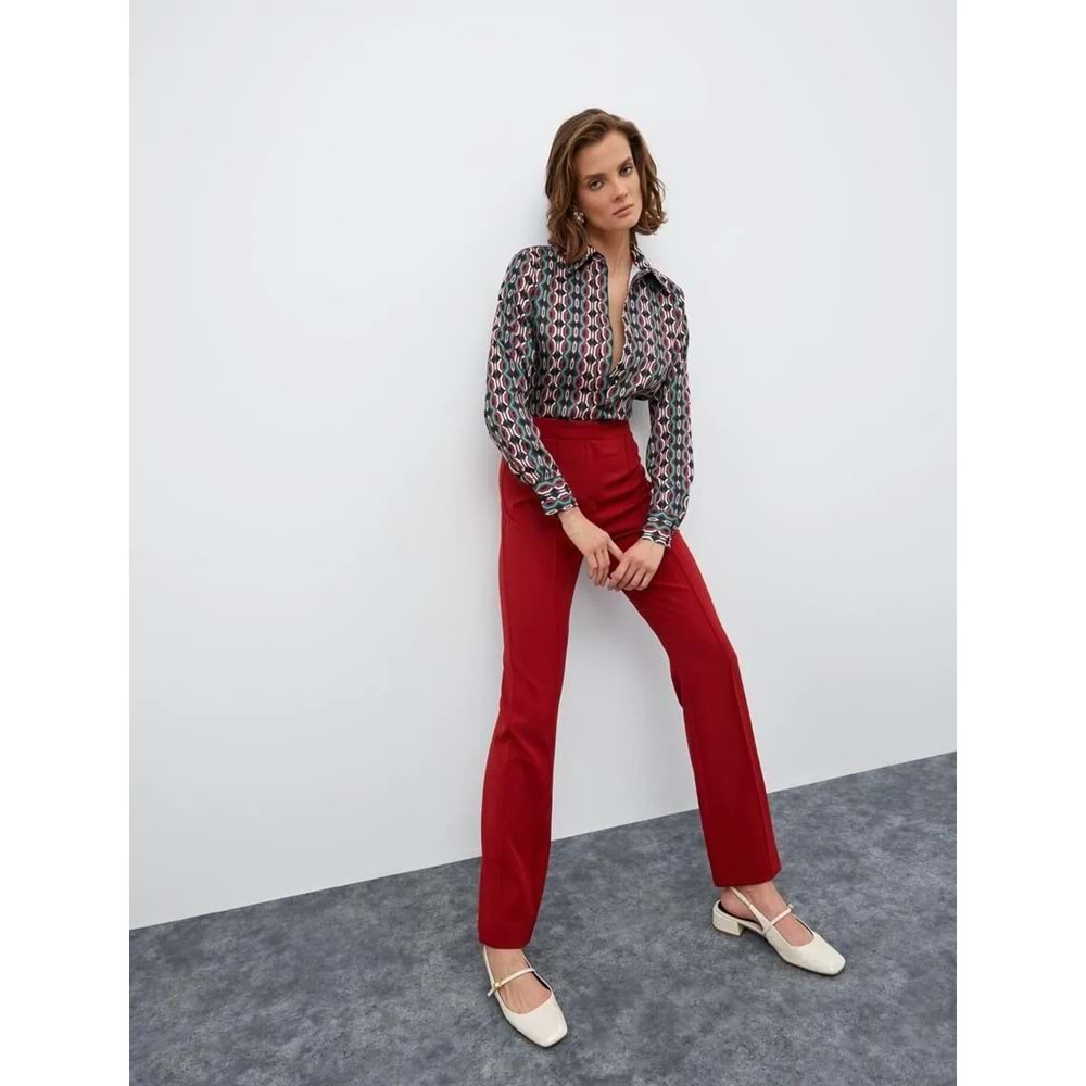 Melis Ağazat X Koton - Yüksek Bel Nervürlü Kumaş Pantolon - KOTON - 4WAK40137PW - BORDO - 38