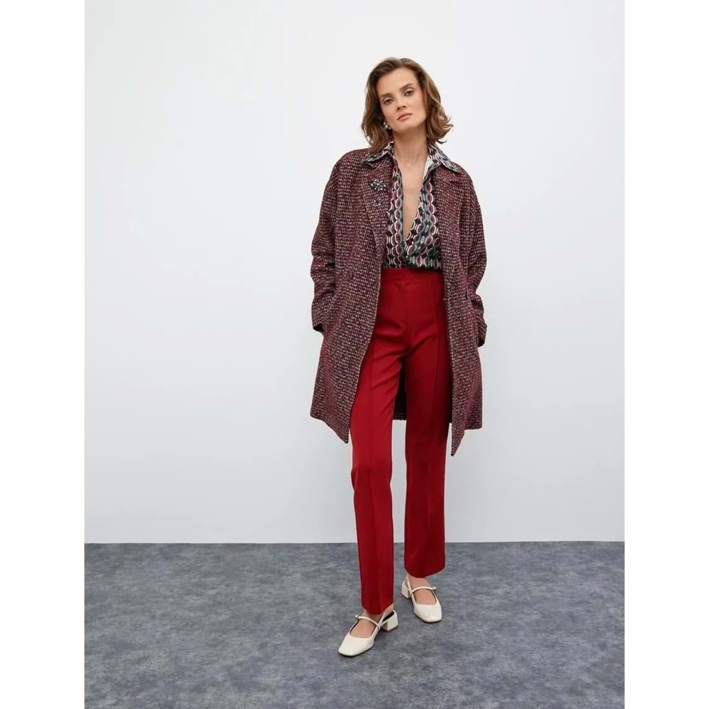 Melis Ağazat X Koton - Yüksek Bel Nervürlü Kumaş Pantolon - KOTON - 4WAK40137PW - BORDO - 38