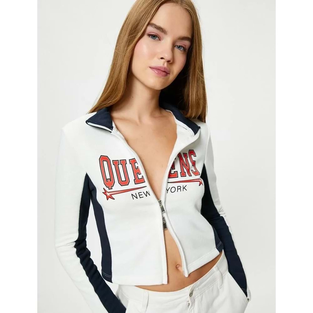 Kolej Fermuarlı Sweatshirt Dik Yaka Renk Bloklu - KOTON - 4WAL10458IK - EKRU - S