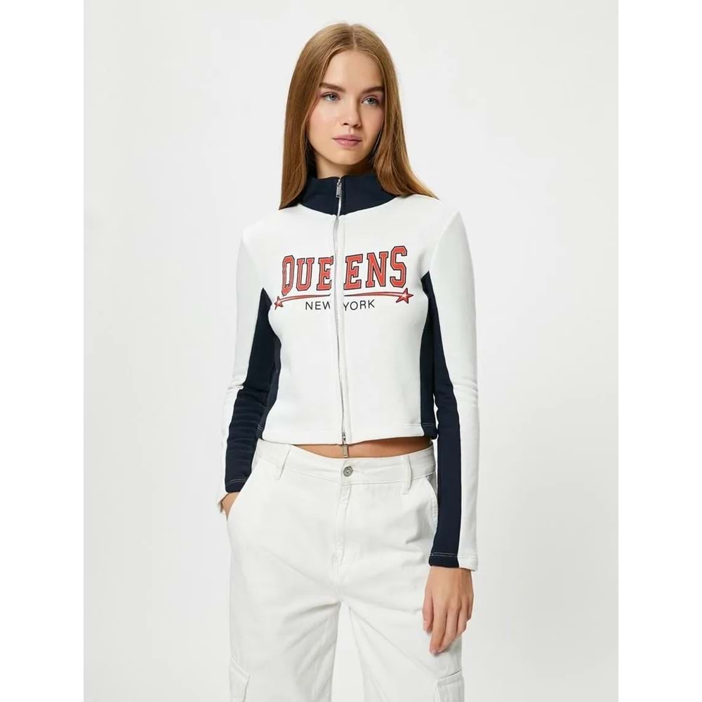 Kolej Fermuarlı Sweatshirt Dik Yaka Renk Bloklu - KOTON - 4WAL10458IK - EKRU - S