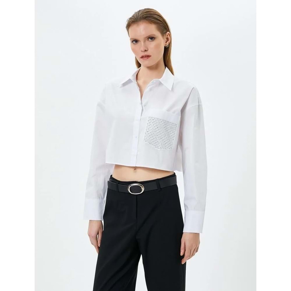 Crop Uzun Kollu Gömlek Cep Detaylı Düğmeli Pamuklu - KOTON - 4SAK60229PW - BEYAZ - 42