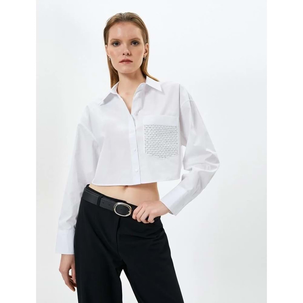 Crop Uzun Kollu Gömlek Cep Detaylı Düğmeli Pamuklu - KOTON - 4SAK60229PW - BEYAZ - 42