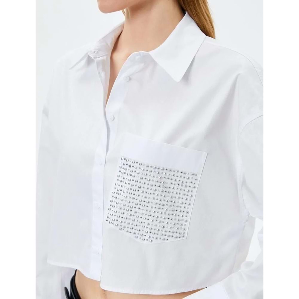 Crop Uzun Kollu Gömlek Cep Detaylı Düğmeli Pamuklu - KOTON - 4SAK60229PW - BEYAZ - 42