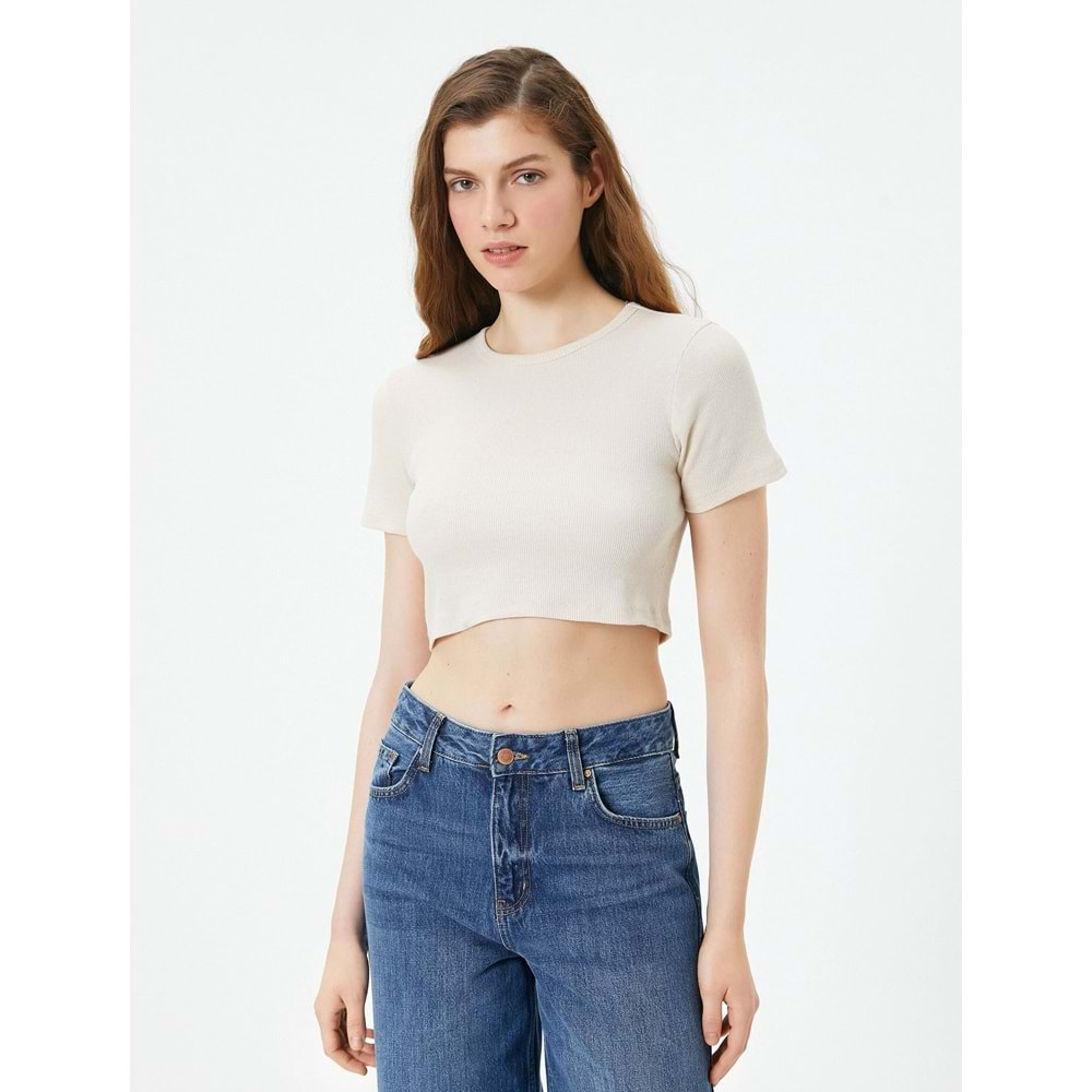 Basic Crop Tişört Ribanalı Kısa Kollu Bisiklet Yaka Slim Fit - 4SAL10054IK