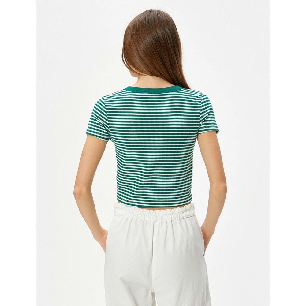 Crop Tişört Kısa Kollu Bisiklet Yaka Dar Kalıp Kaşkorse İşlemeli - KOTON - 4SAL10071IK - YEŞİL ÇİZGİLİ - XS