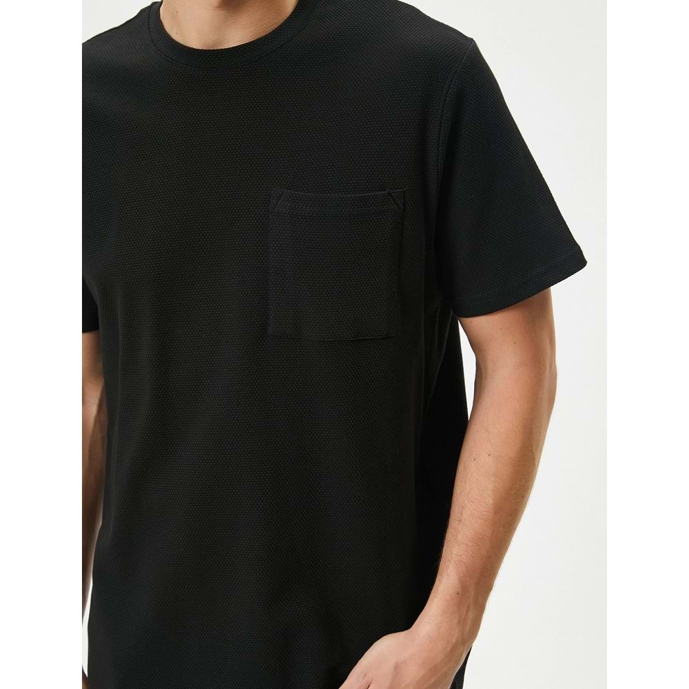 Basic Tişört Cep Detaylı Bisiklet Yaka Kısa Kollu Dokulu - KOTON - 4SAM10068HK - SİYAH - XL