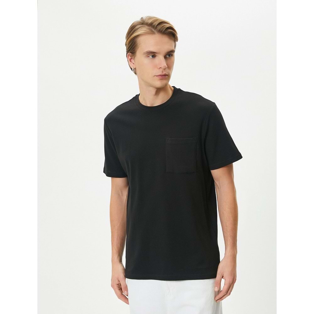 Basic Tişört Cep Detaylı Bisiklet Yaka Kısa Kollu Dokulu - KOTON - 4SAM10068HK - SİYAH - XL