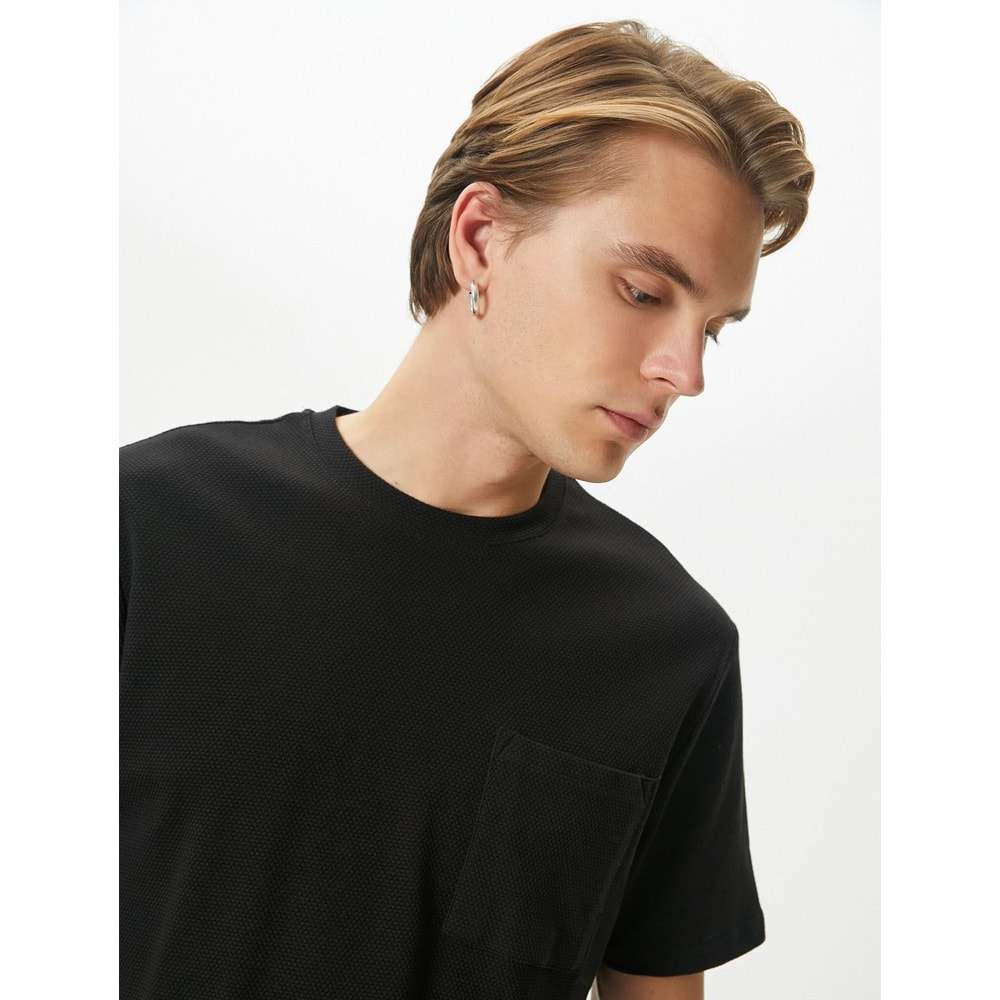 Basic Tişört Cep Detaylı Bisiklet Yaka Kısa Kollu Dokulu - KOTON - 4SAM10068HK - SİYAH - XL