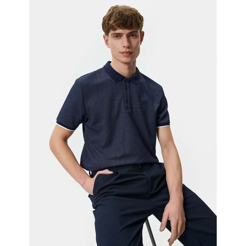 Polo Yaka Tişört Düğmeli Dokulu Kısa Kollu Biyeli - 4SAM10089MK - KOTON - 4SAM10089MK - LACİVERT - XL