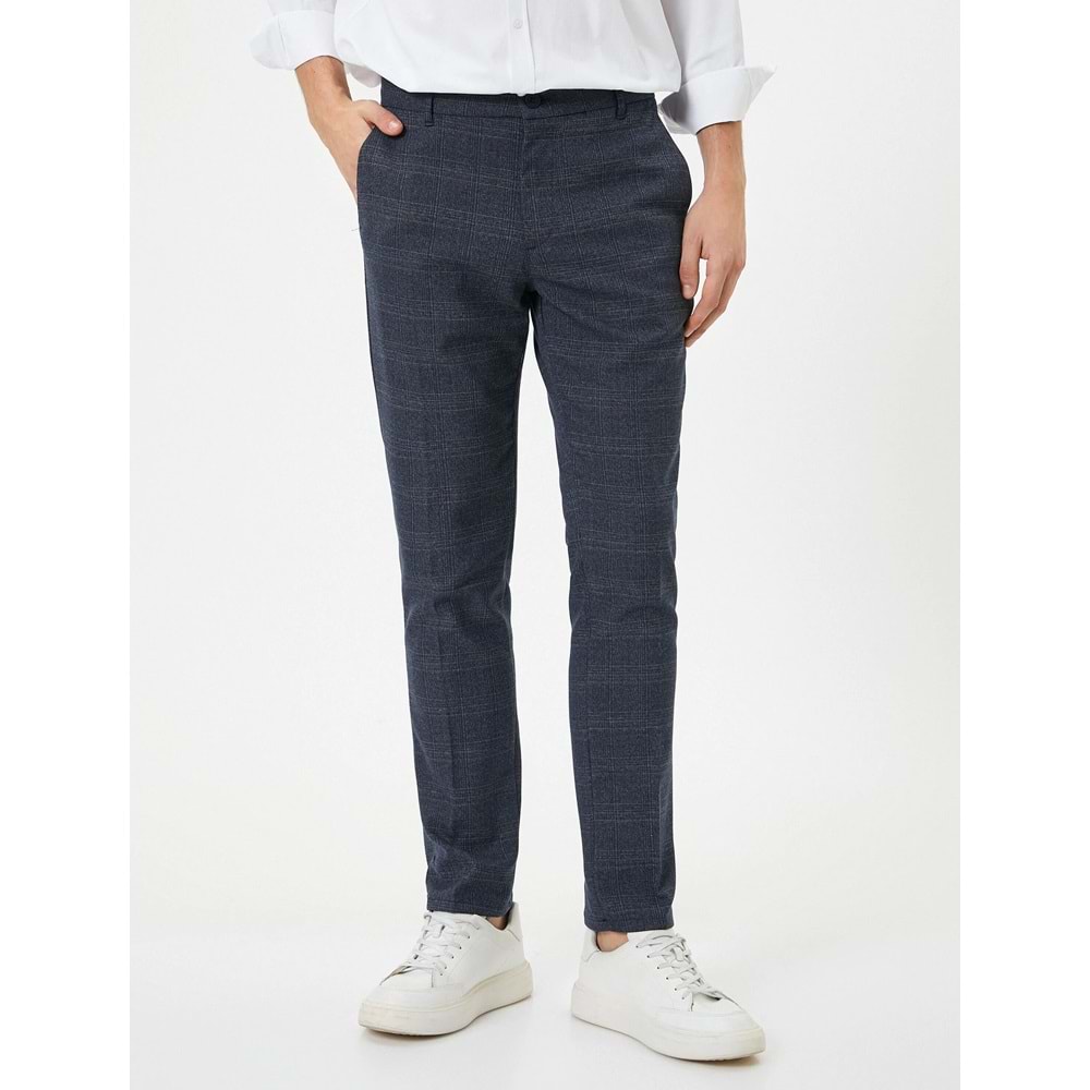 Kumaş Pantolon Desenli Slim Fit Düğmeli Cep Detaylı - KOTON - 4SAM40017HW - LACİVERT EKOSELİ - 38